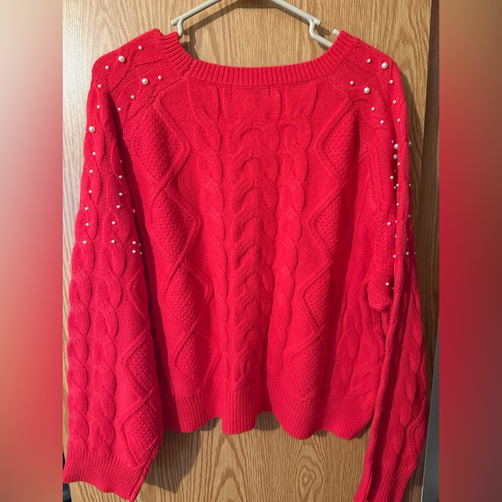 Francesca’s Beverly Pearl Embellished Cable Pullover Sweater Red - Picture 6 of 7